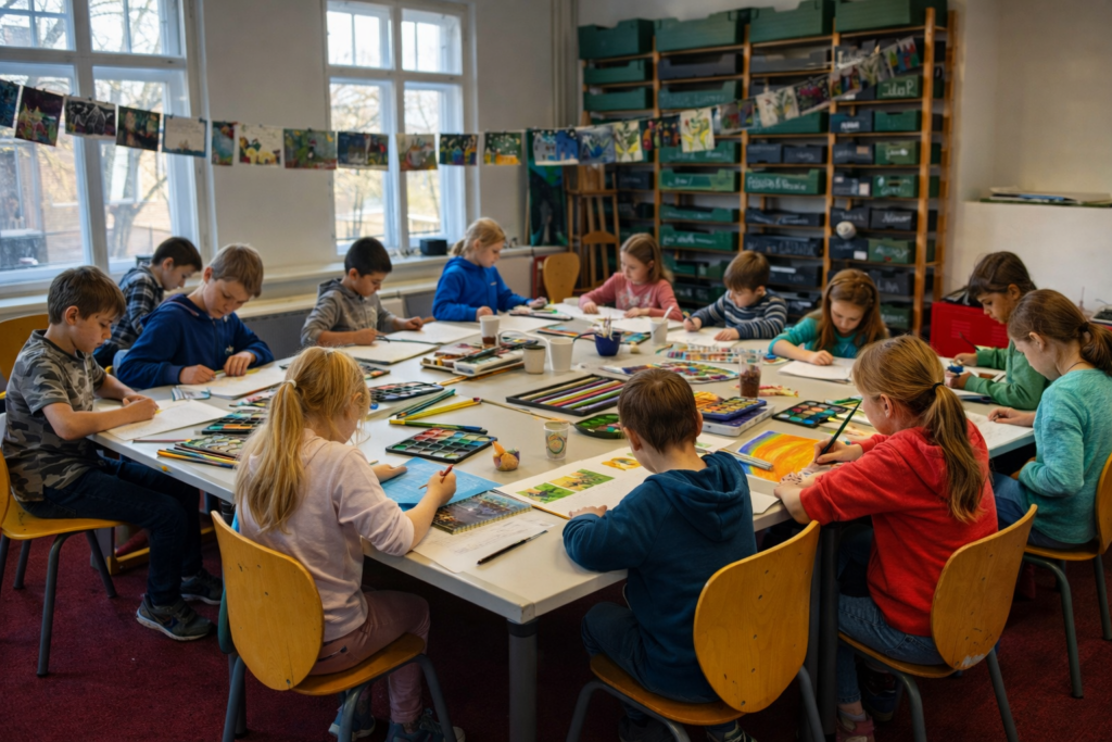 Illustrative Darstellung (KI-generiert): Kinder und Jugendliche beim kreativen Arbeiten